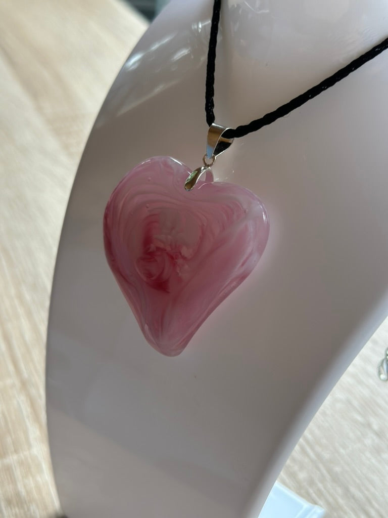 Fused Glass Swirling Pink Heart Pendant