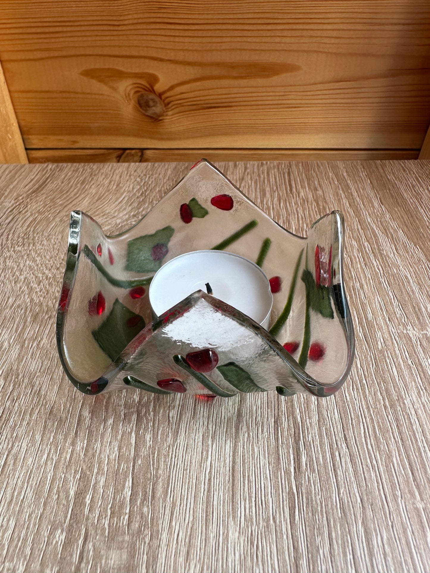 Fused Glass Tealight holder with a holly effect