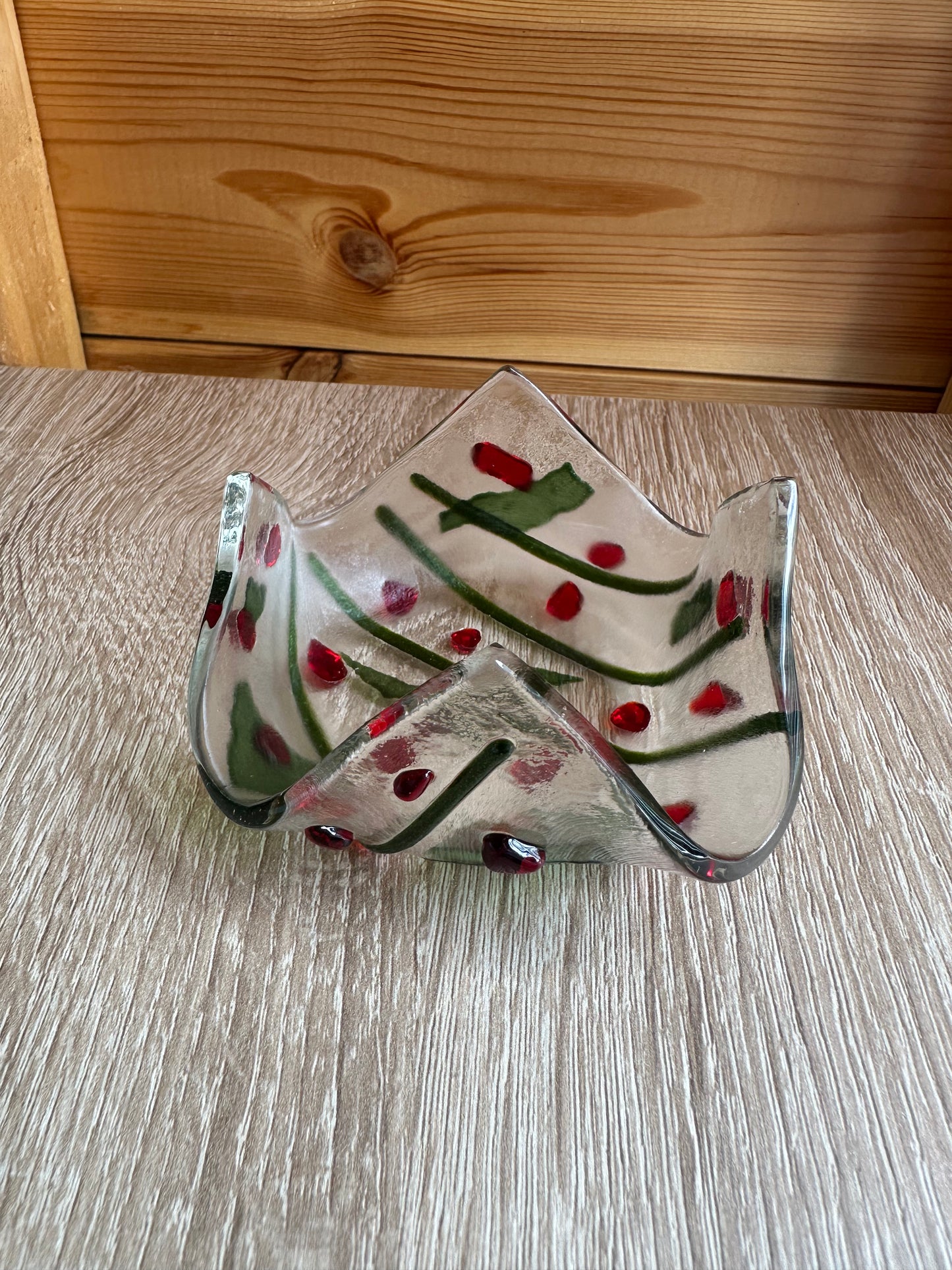 Fused Glass Tealight holder with a holly effect