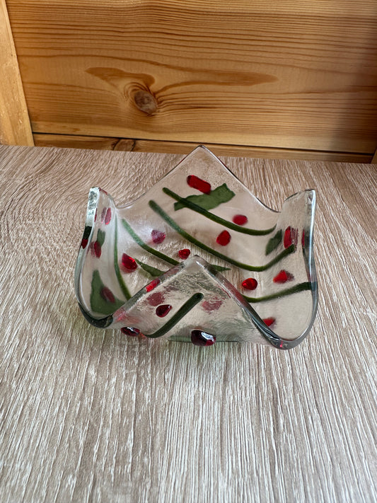 Fused Glass Tealight holder with a holly effect