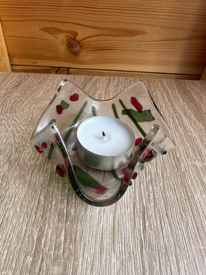 Fused Glass Tealight holder with a holly effect