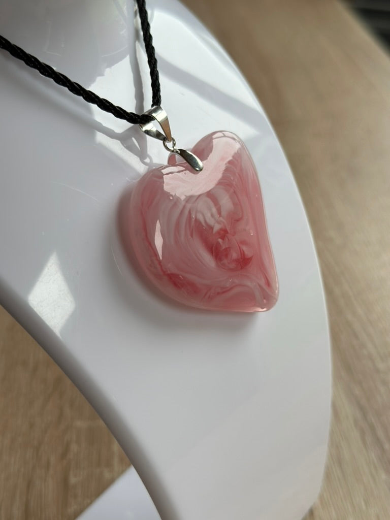 Fused Glass Swirling Pink Heart Pendant