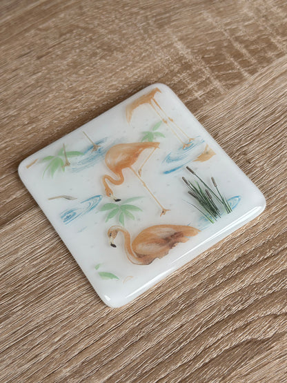 Fused Glass matching Flamingo Coaster & Card with hanging decoration gift set