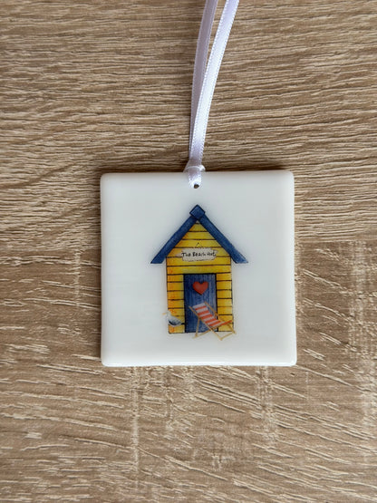 Fused Glass matching Beach Hut Coaster & Card with hanging decoration gift set