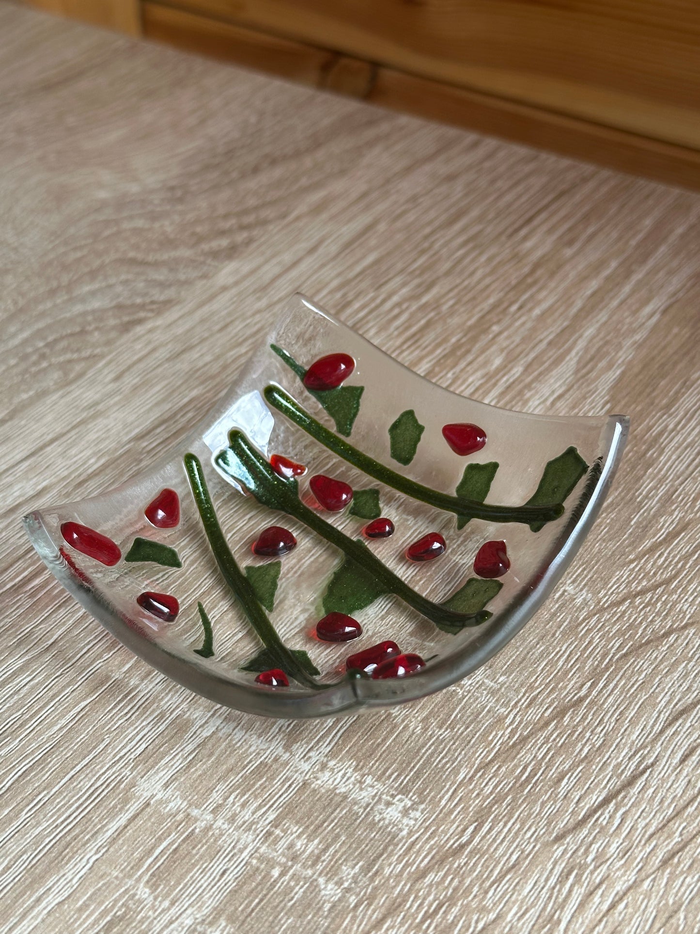 Fused Glass holly trinket dish