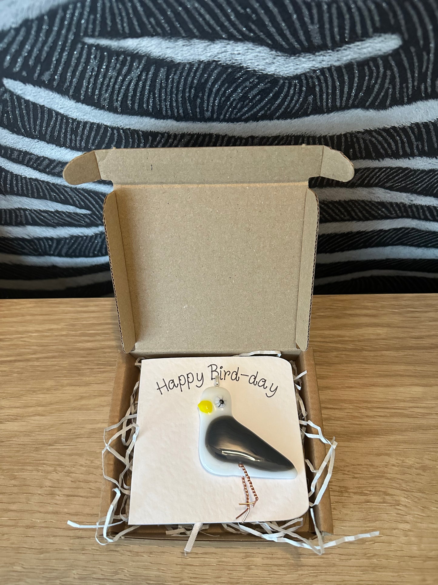 Happy Bird-Day Card with hanging fused glass Seagull