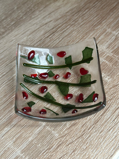 Fused Glass holly trinket dish