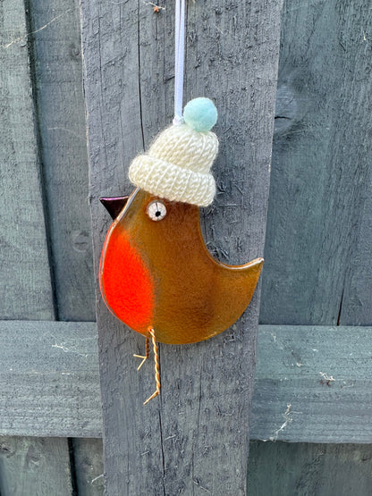 Fused Glass Robin with a hat