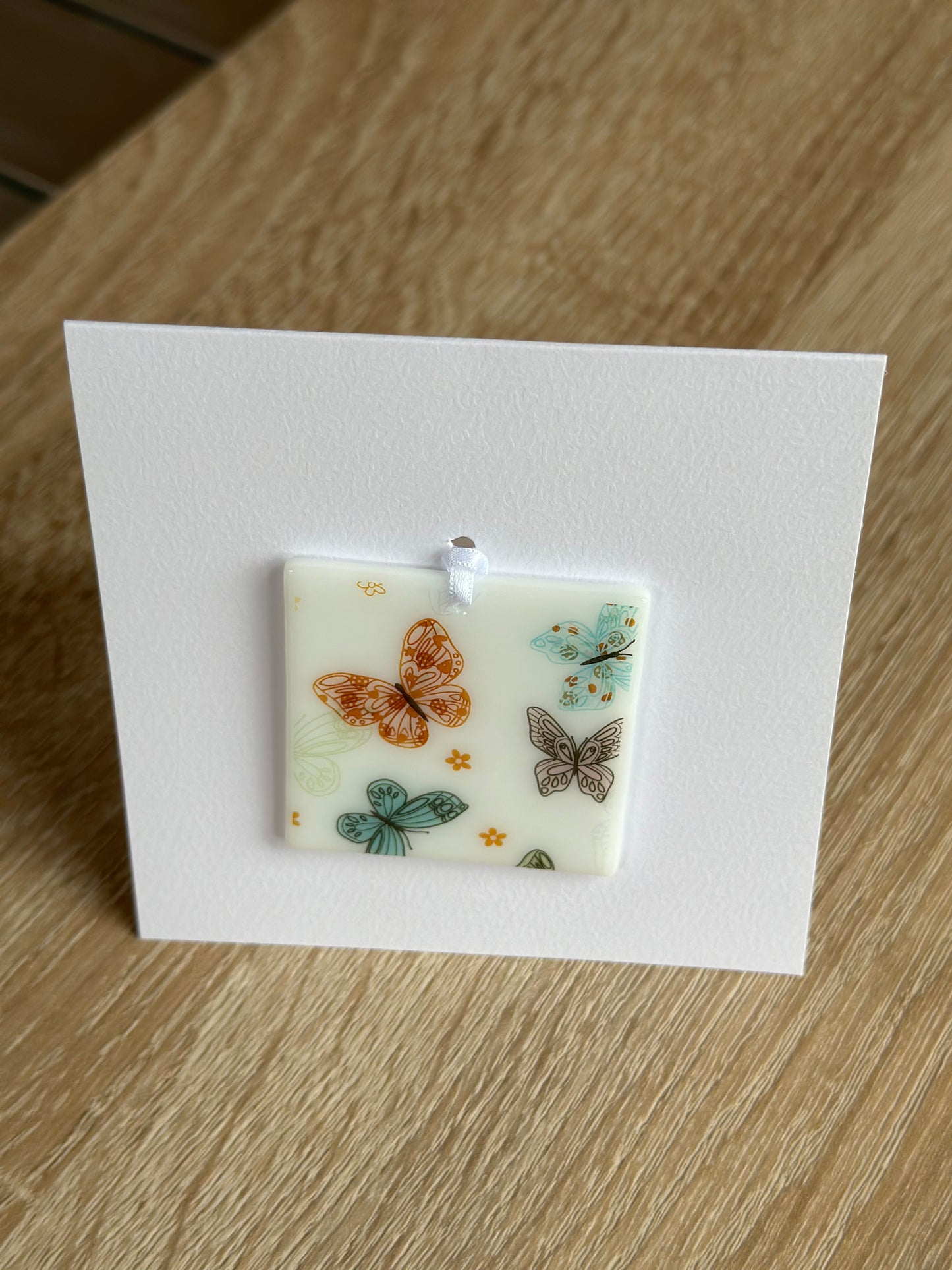 Fused Glass matching Butterflies Coaster & Card with hanging decoration gift set