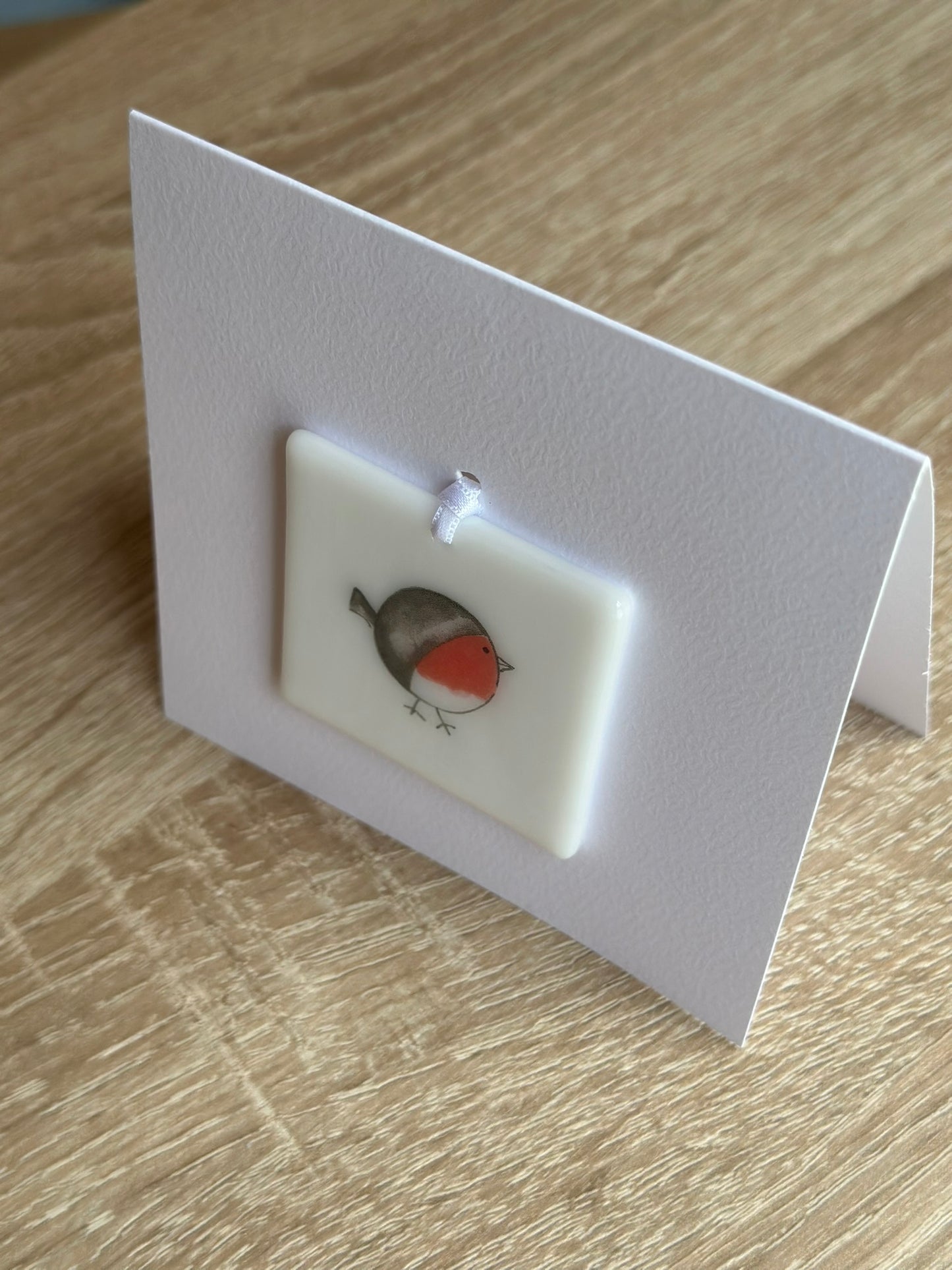 Fused Glass matching Robin Coaster & Card with hanging decoration gift set