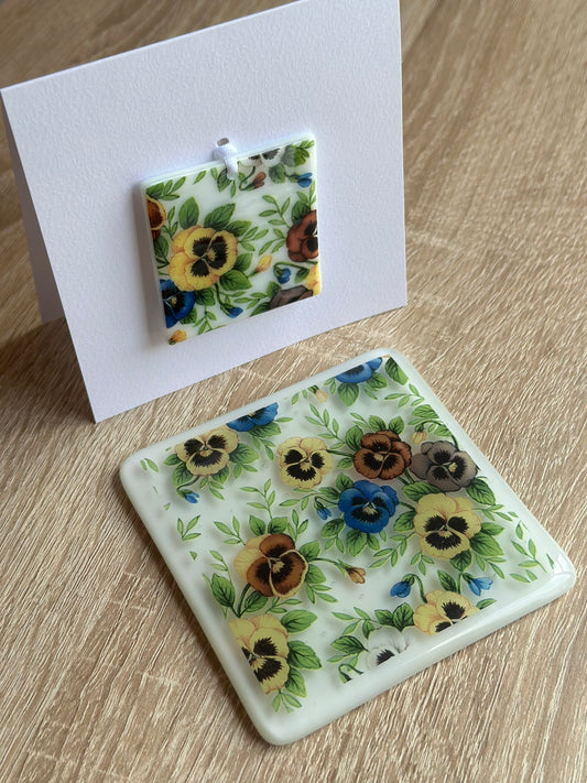 Fused Glass matching Pansy Coaster & Card with hanging decoration gift set