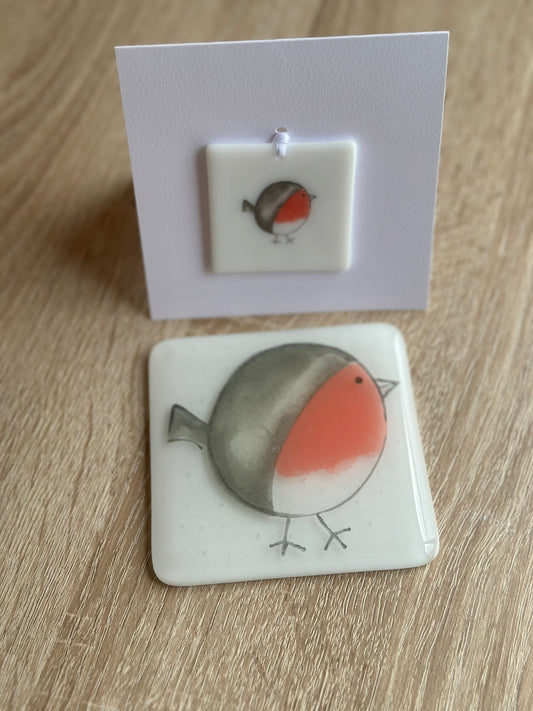 Fused Glass matching Robin Coaster & Card with hanging decoration gift set