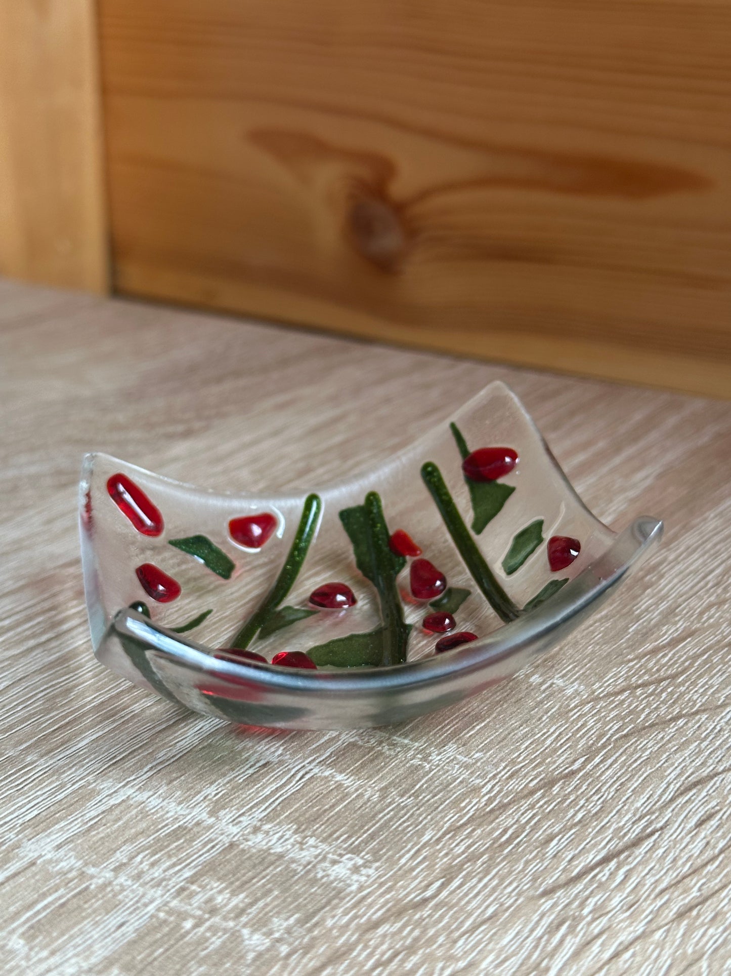 Fused Glass holly trinket dish