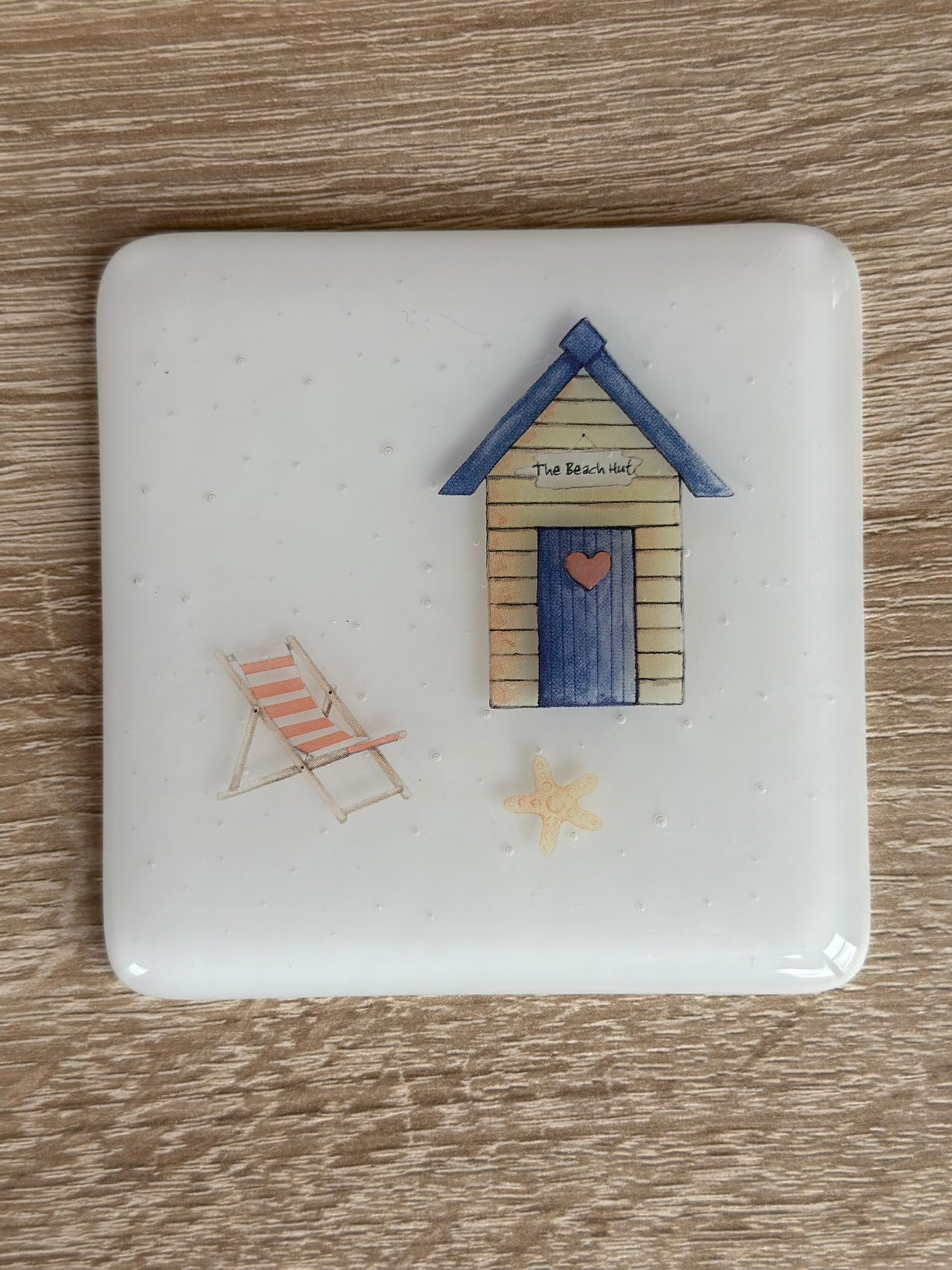 Fused Glass matching Beach Hut Coaster & Card with hanging decoration gift set