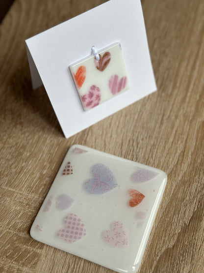 Fused Glass matching Love Heart Coaster & Card with hanging decoration gift set