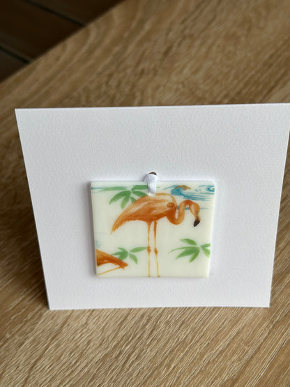 Fused Glass matching Flamingo Coaster & Card with hanging decoration gift set