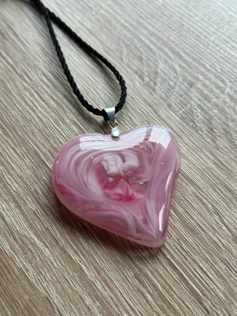 Fused Glass Swirling Pink Heart Pendant