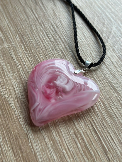 Fused Glass Swirling Pink Heart Pendant