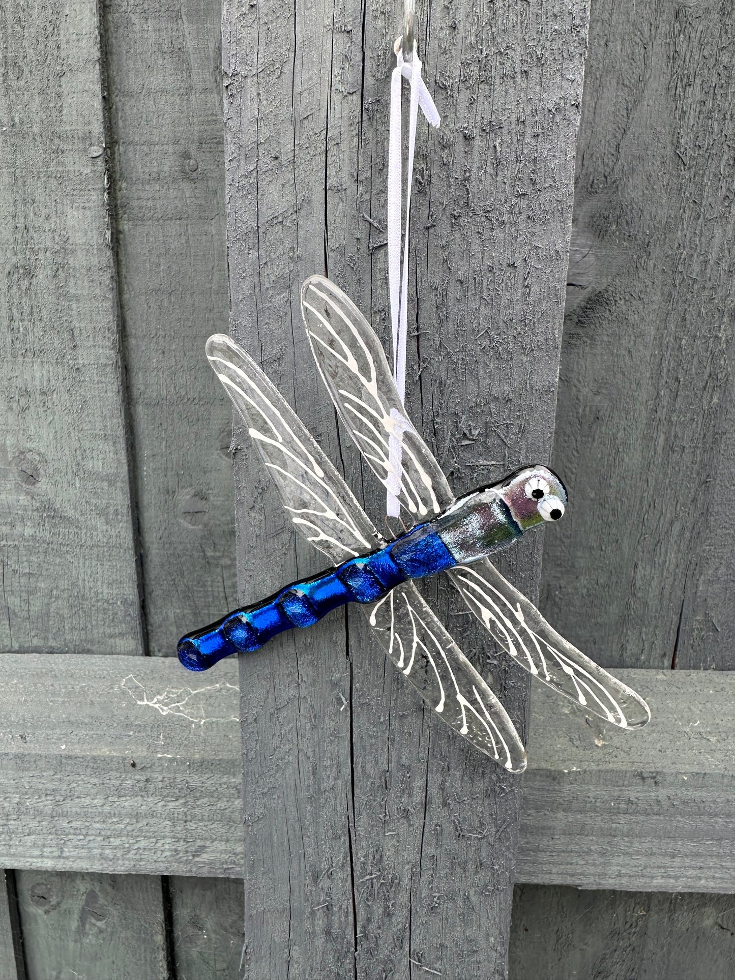 Fused Glass Dragonfly shiny Sliver & Blue