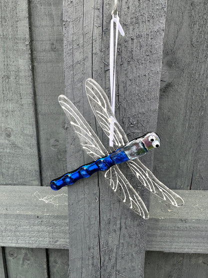 Fused Glass Dragonfly shiny Sliver & Blue