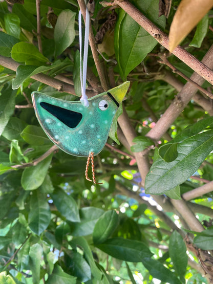 Happy Bird-Day Card with Fused Glass hanging bird