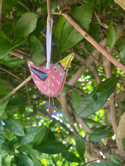 Happy Bird-Day Card with Fused Glass hanging bird