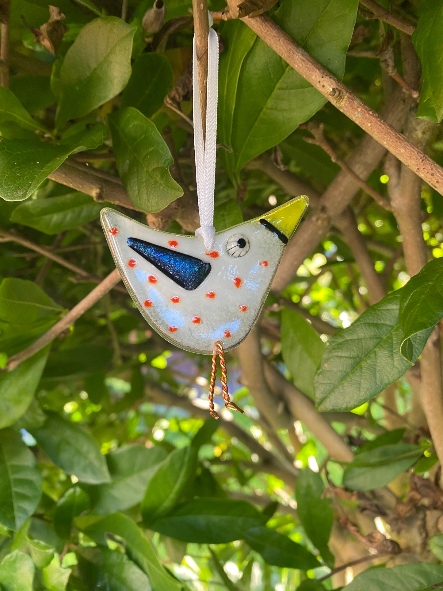 Happy Bird-Day Card with Fused Glass hanging bird