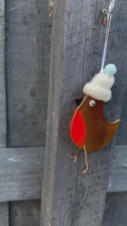 Fused Glass Robin with a hat