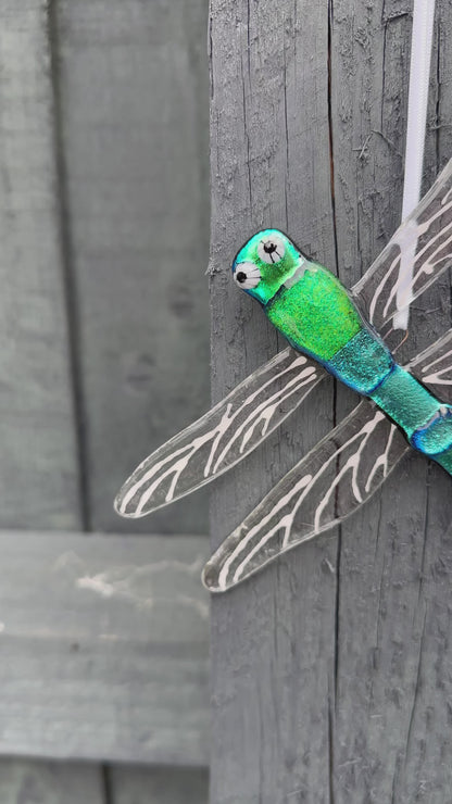 Fused Glass Dragonfly shiny Green & Blue