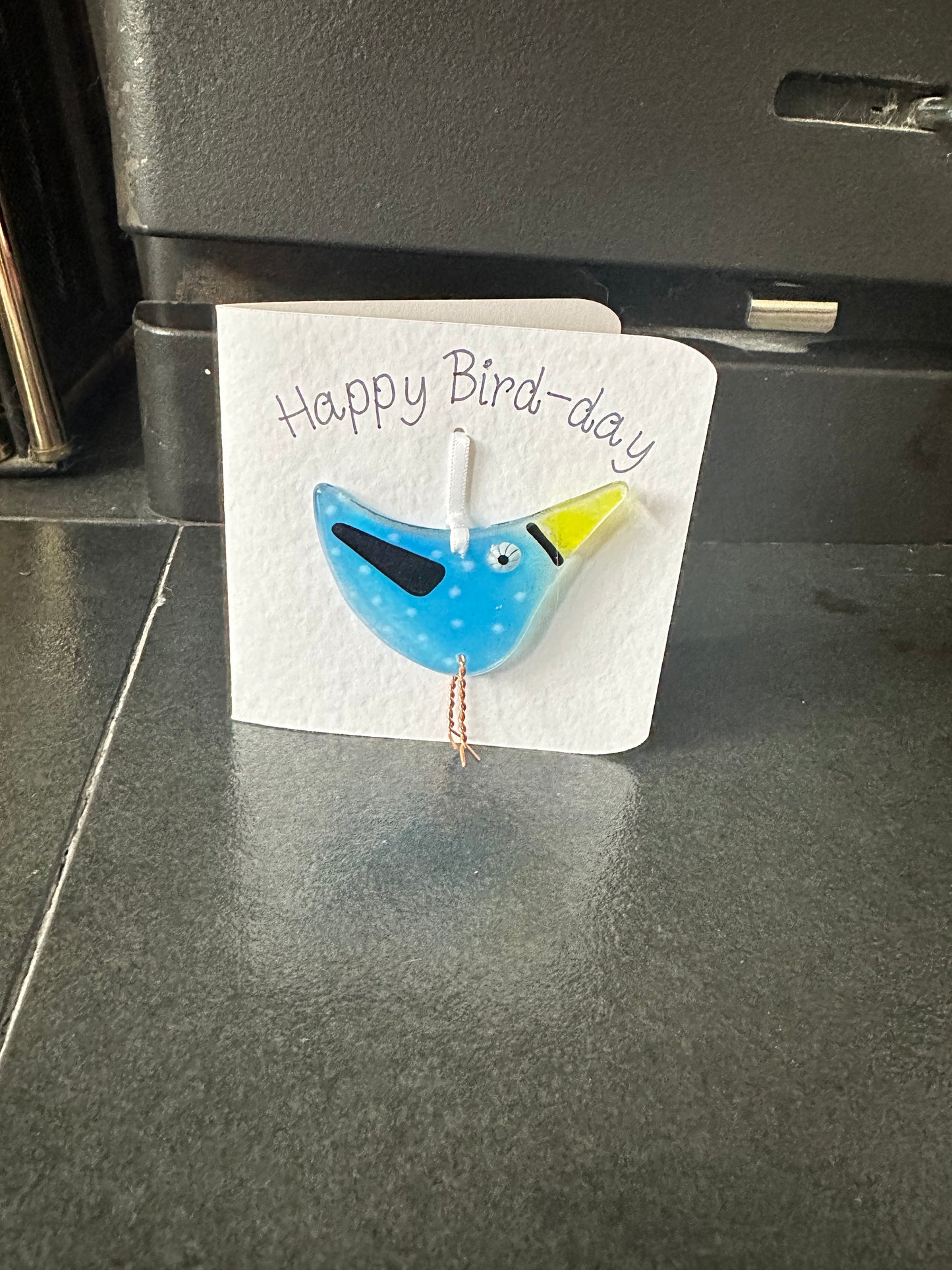 Happy Bird-Day Card with Fused Glass hanging bird