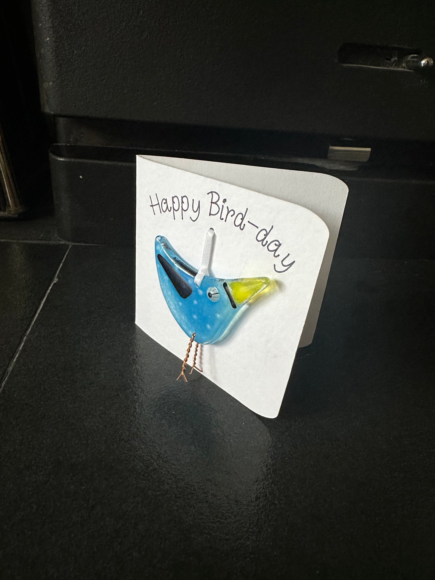 Happy Bird-Day Card with Fused Glass hanging bird